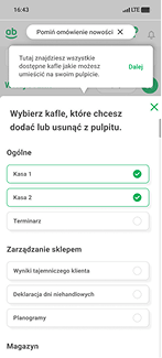 Mobilny ekran Cyberstore z wyborem kafli dodawanych do personalizowanego pulpitu